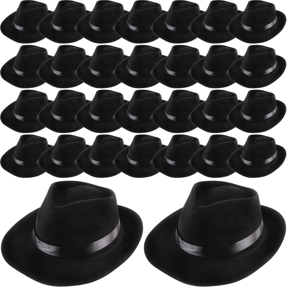 7770 30 Pcs Black Gangster Hats Bulk Plastic Fedora Hat Party Hat Gentlemen
